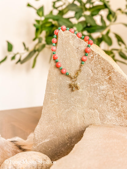 The Acadia Pink Coral & Malachite Bracelet/Anklet with June Moon Balloon Dog Charm