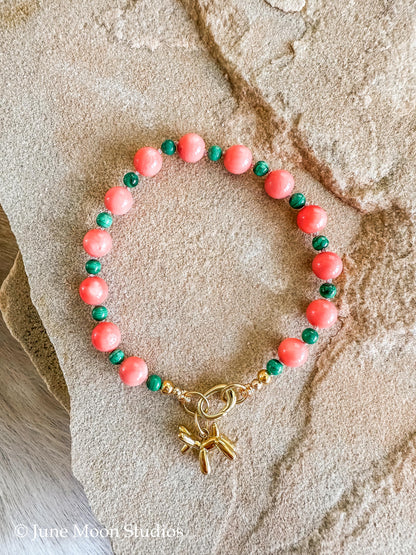 The Acadia Pink Coral & Malachite Bracelet/Anklet with June Moon Balloon Dog Charm