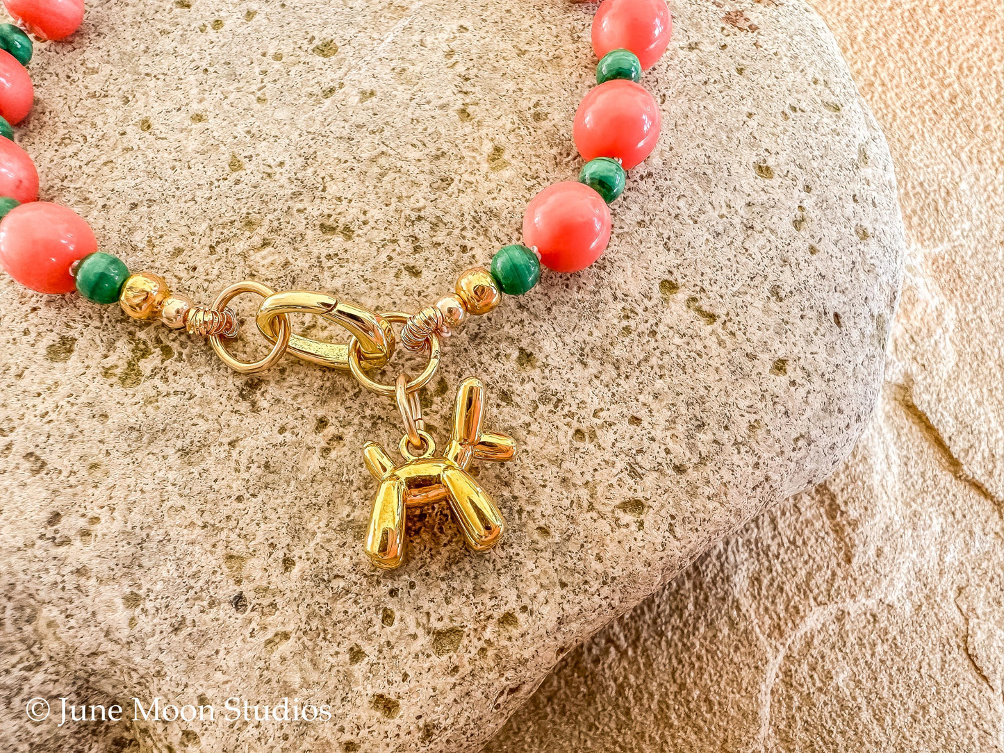 The Acadia Pink Coral & Malachite Bracelet/Anklet with June Moon Balloon Dog Charm