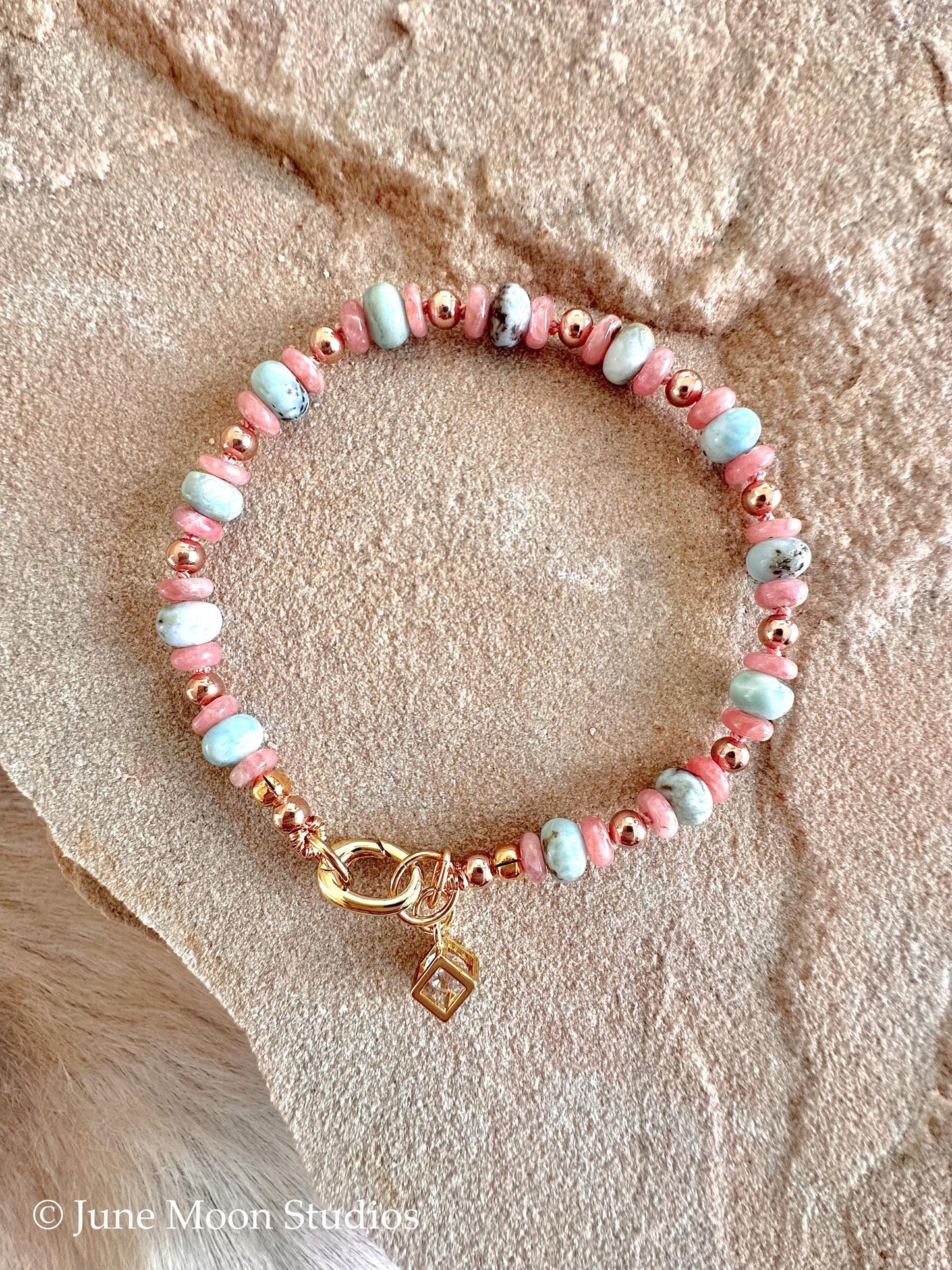 The Dakota Larimar & Rhodochrosite Bracelet/Anklet with Zircon Cube Charm