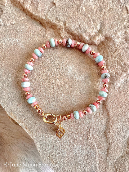 The Dakota Larimar & Rhodochrosite Bracelet/Anklet with Zircon Cube Charm