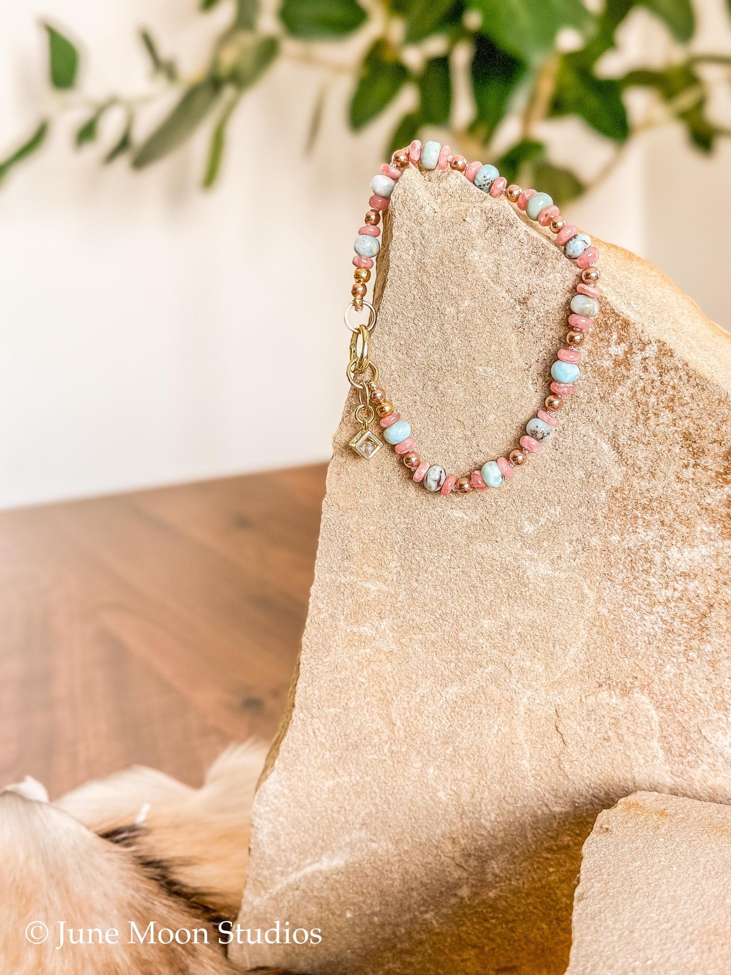 The Dakota Larimar & Rhodochrosite Bracelet/Anklet with Zircon Cube Charm