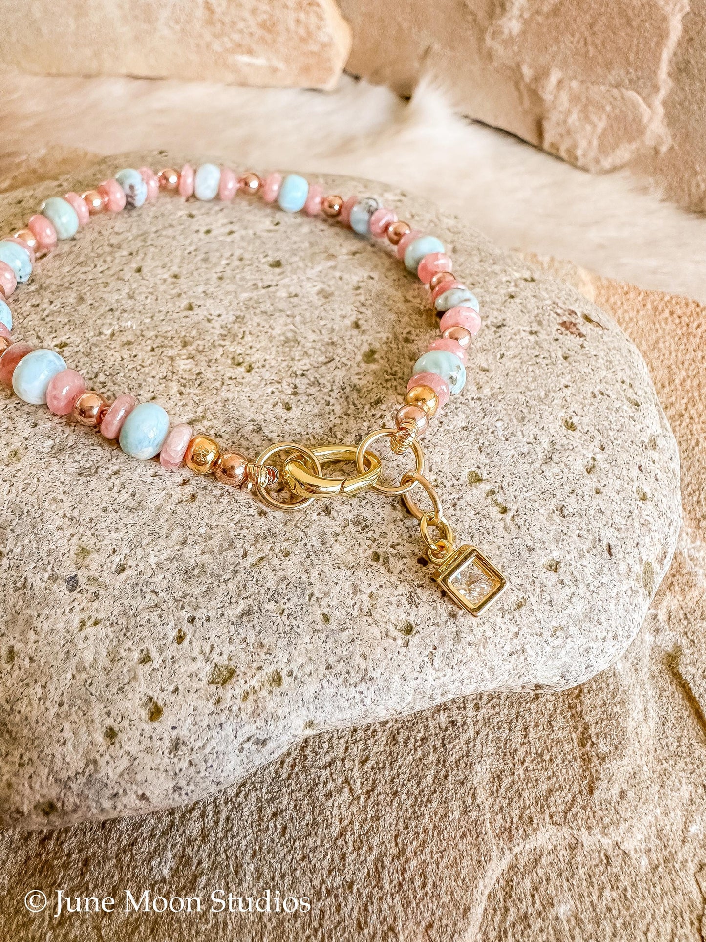 The Dakota Larimar & Rhodochrosite Bracelet/Anklet with Zircon Cube Charm