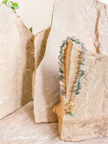 The Takota Moss Agate Bracelet with Emerald Kiss Drop Charm