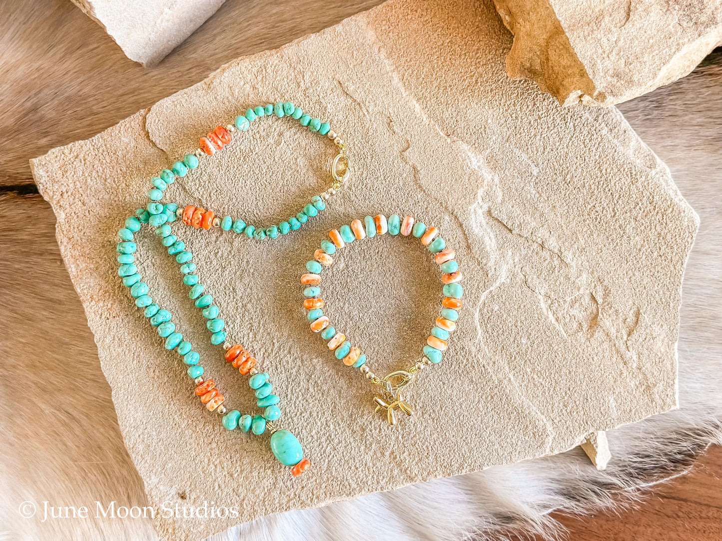 The Tallula Lone Mountain Turquoise & Spiny Oyster Bracelet with June Moon Balloon Dog Charm