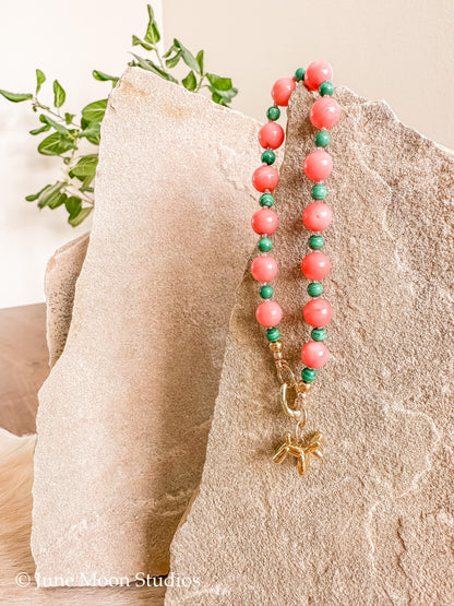 The Acadia Pink Coral & Malachite Bracelet/Anklet with June Moon Balloon Dog Charm