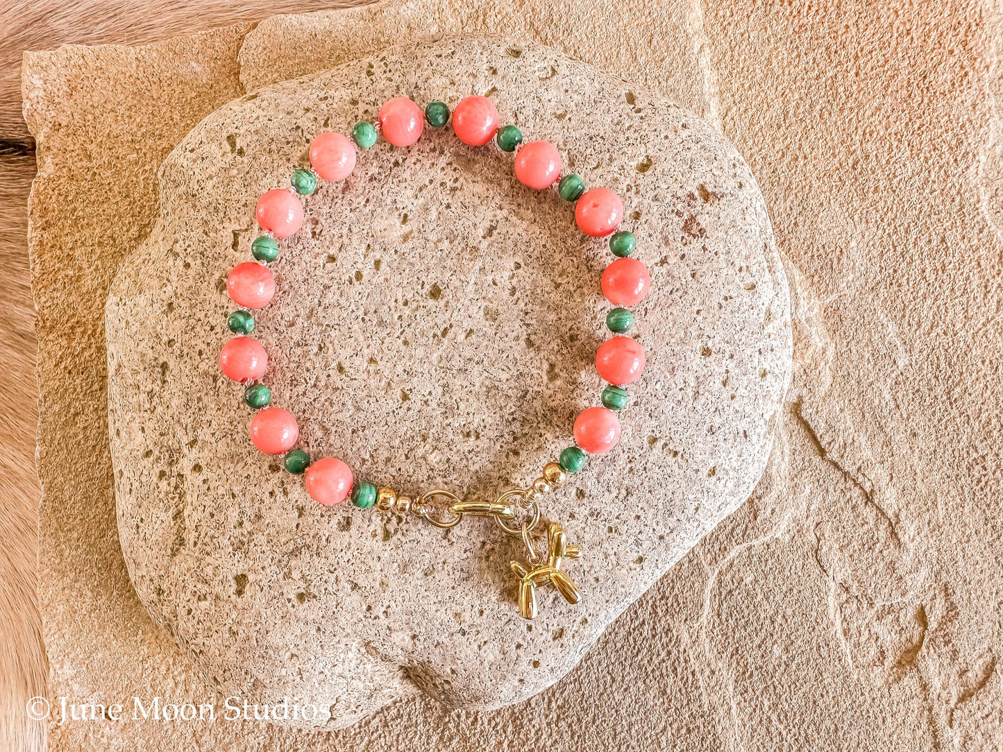 The Acadia Pink Coral & Malachite Bracelet/Anklet with June Moon Balloon Dog Charm