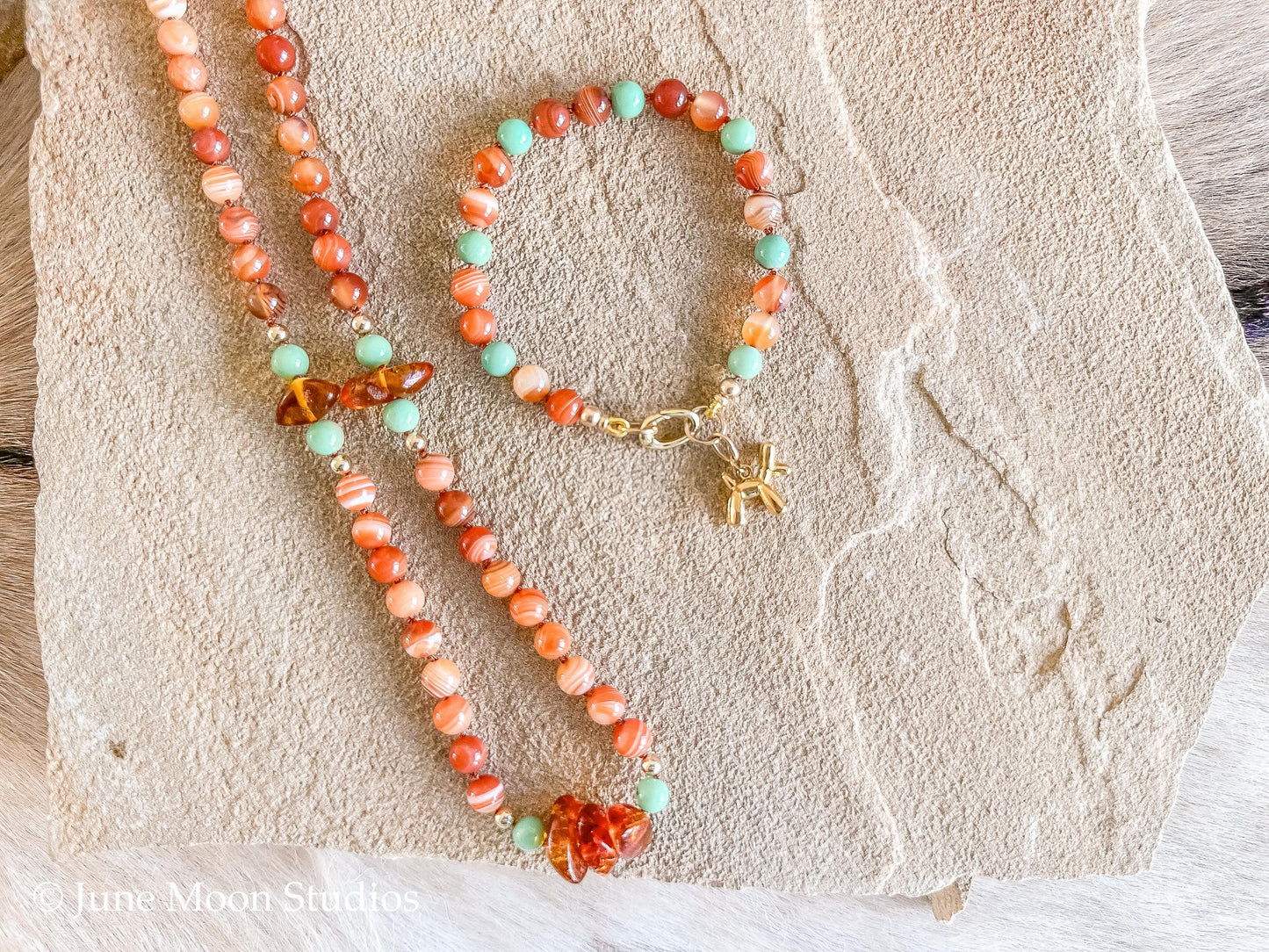 The Maize Carnelian & Chrysoprase Bracelet with June Moon Balloon Dog Charm