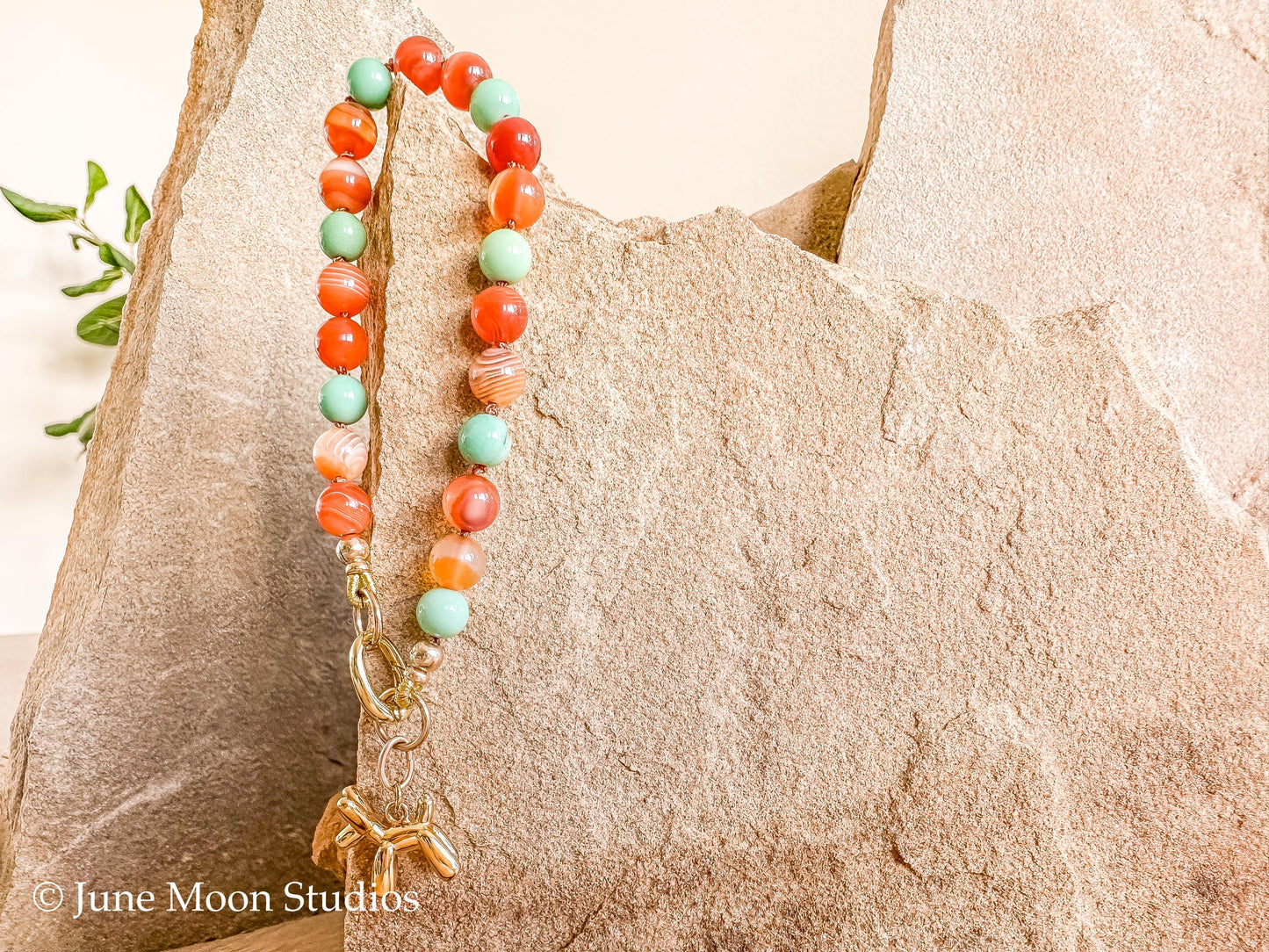 The Maize Carnelian & Chrysoprase Bracelet with June Moon Balloon Dog Charm