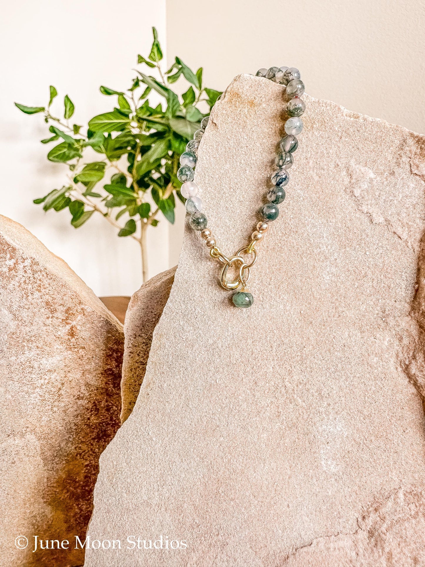 The Takota Moss Agate Bracelet with Emerald Kiss Drop Charm