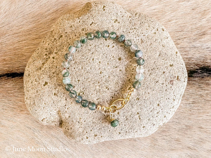 The Takota Moss Agate Bracelet with Emerald Kiss Drop Charm