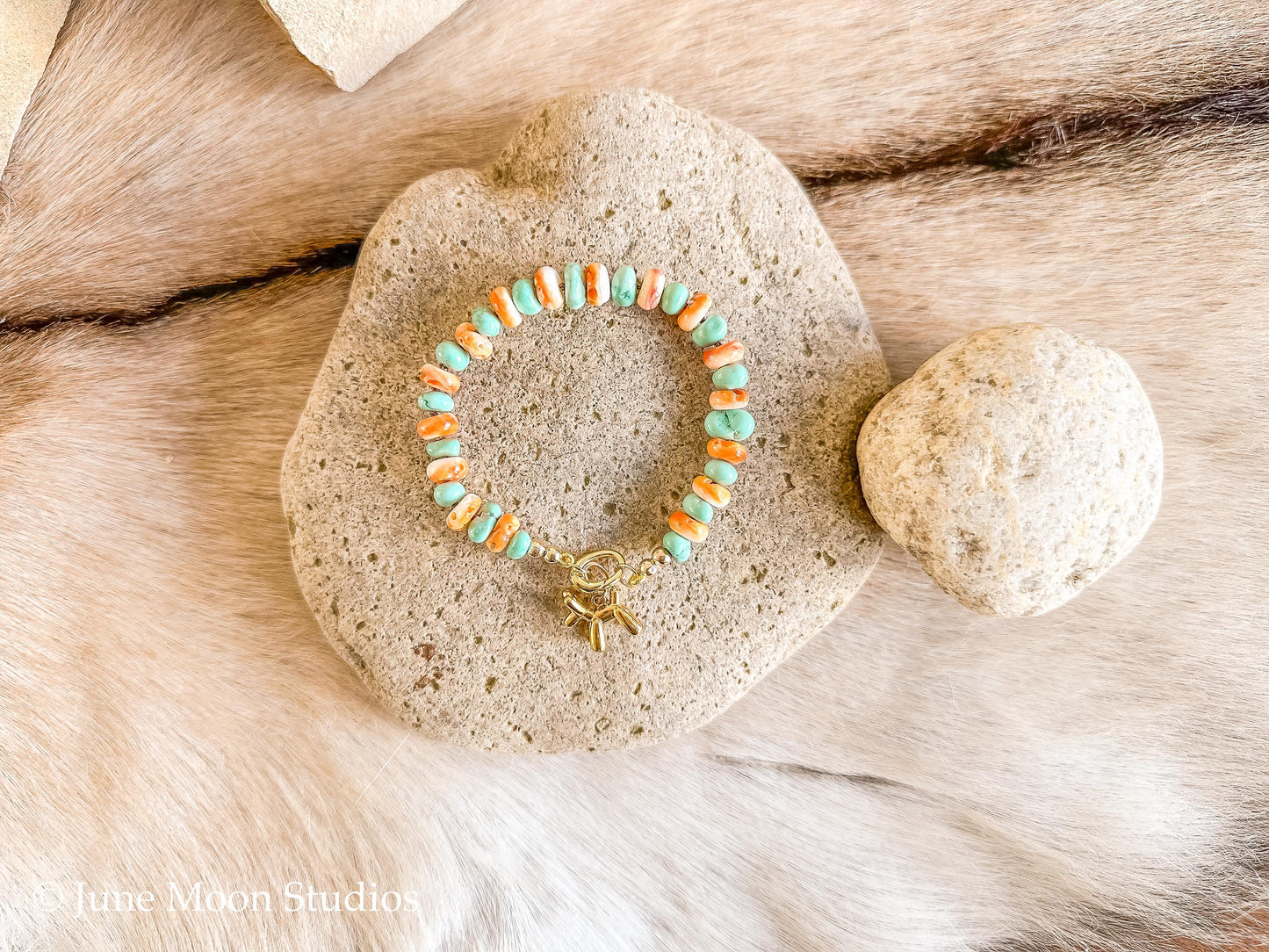 The Tallula Lone Mountain Turquoise & Spiny Oyster Bracelet with June Moon Balloon Dog Charm