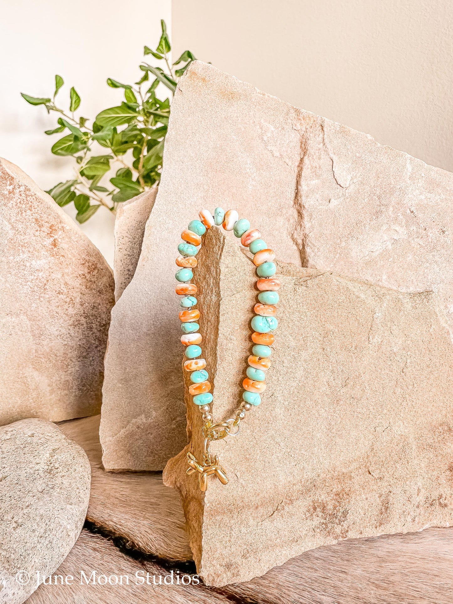 The Tallula Lone Mountain Turquoise & Spiny Oyster Bracelet with June Moon Balloon Dog Charm